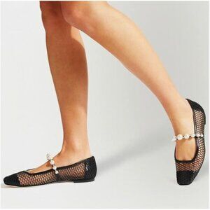 FOWT Black Mesh Square Toe Slip on Flats Pearl Studded Strap Elegant Pumps